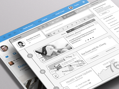 CareTribe - UX Wireframe blue design explore feed followers graph handsome handsomemade health health care like medical medicine mock up news notifications perspective post profile profile page recommended shadow share stream suggested trending update wireframe wireframing