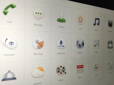 Some Icons chat click clock coffee contact dail download flight hotel icons message movie music news smile train translate weather