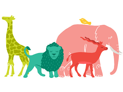 The whole pack animals antelope bird colorful elephant giraffe lion rainbow of color safari skittle colored