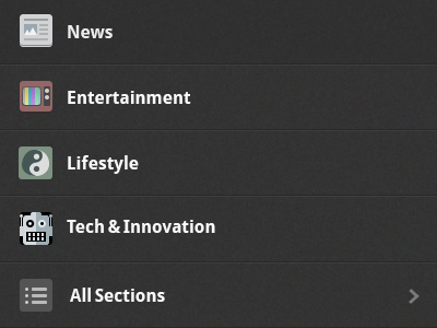 Mobile Web Menu all sections cells entertainment flat icons innovation lifestyle menu mobile web news newspaper noise robot tech tv ui ying yang