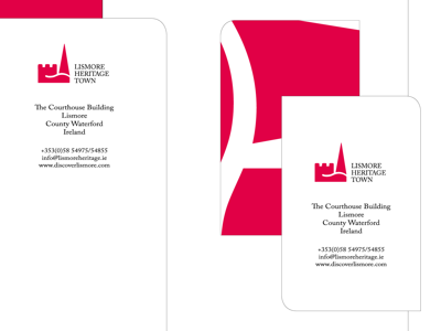 Lismore Heritage Town Business Suite branding business card business suite college competition compliment slip die cut headed paper identity illustrator ireland lismore heritage town logo red runner up stationery wit