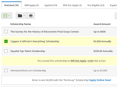 Scholarship Matches active arrow button checkbox delete icon label match open sans print scholarship scholarshipexperts select tab
