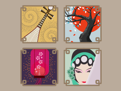 Chinese Flat Style china day by day drama flat icon lantern lute music