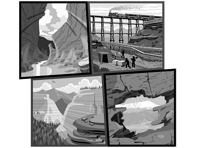 Rock: Full Set in B & W cloud illustration landscape mountains river rock rocks train vector west