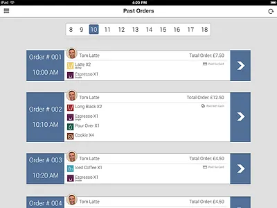 Past Orders Screen app coffee epos flat ipad ui ux