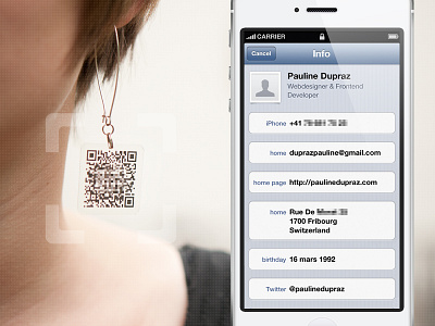 Scannable earrings augmented augmented reality business card clever contact details earring earrings iphone qr code reality scan vcard