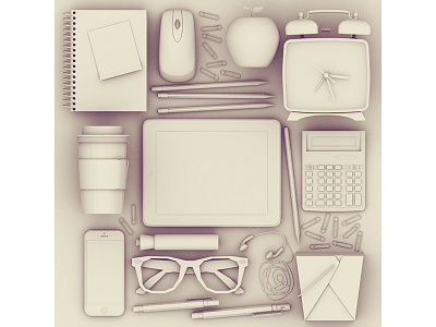 Stuff 3d ao apple c4d calculator cinema 4d clock coffee cup grayscale greyscale highlighter ipad iphone model mouse notebook paper clips pen pencil render stuff sunglasses