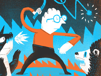 The Taskmaster 3 color black blue complementary dragon editorial fight fire glasses halftone illustration lion orange taskmaster texture time whip white