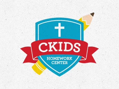 CKids Homework Center Logo banner blue christian crest cross family homework logo love pencil primary colors red safe school shield vector yellow