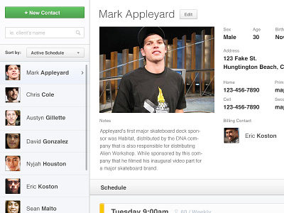 Contact Management account app button clients contacts dropdown green icon list notes profile proskaters schedule search sort ui ux webapp