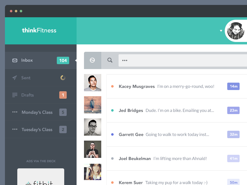 thinkFitness UI wip avenir batch clients coach dash email fitness flat inbox message minimal ui user interface web web app web design wip