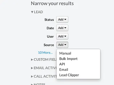 Narrow your results bootstrap close.io crm filters search
