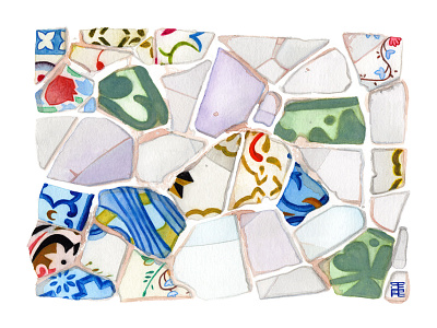 Carla Broken Tiles Painting abstract acuarela art print azulejos barcelona blue broke broken catalan modernism ceramics gaudi illustration kitchen art mediterranean modernisme modernismo painting parc güell porcelain pottery rotos tiles watercolor
