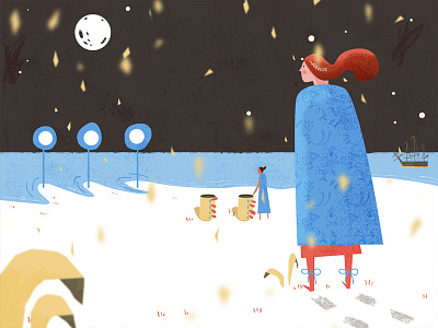 Standing by the Ocean blue drawing illustration illustrator moon ocean texture