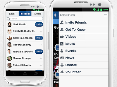 White and clean android aplication apps avatar email facebook icons list menu navigation rounded slide sliding menu twitter