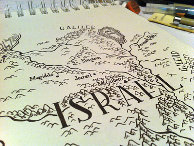 Map of Israel Ink cartography handmade ink israel lettering map