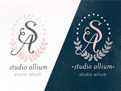 Studio Allium Colorway 1 a calligraphy colorway distress flourish grey hand lettering identity laurel leaf laurel wreath logo monogram navy palette pink s studio white wreath