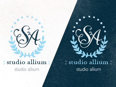 Studio Allium Colorway2 a blue calligraphy colorway distress flourish grey hand lettering identity laurel leaf laurel wreath logo monogram navy palette pink s studio white wreath