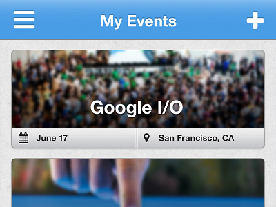 My Events 'Cards' app blue blur button events feathr grey helvetica icon ios list ui