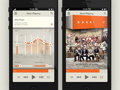 Flip the Cube: Equalizer + Rating/Share bass box cube equalizer flat iphone mockup music music app music player orange playlist rating share shuffle simple songs stars ui