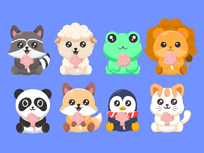 cute characters collection holding catoon candy adorable cartoon cat cute fox frog lion mascot panda penguin racoon sheep