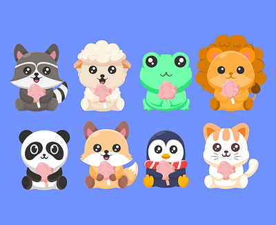 cute characters collection holding catoon candy adorable cartoon cat cute fox frog lion mascot panda penguin racoon sheep