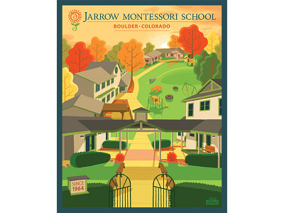 Montessori School Grounds - Finished Poster architecture buildings design illustration playground poster school sunrise trees