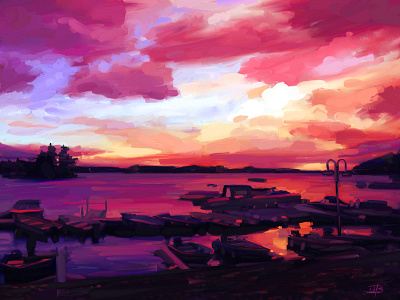 Painting of Carveth's Marina art boating illustration landscape marina painting sunset