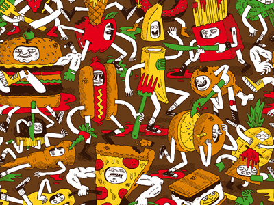 Food Fight apple brown burger cake carrot cheeseburger fight food fork fries fruit health food hotdog ice cream illustration junk food knife orange pattern pineapple pizza repeating smores tile wallpaper