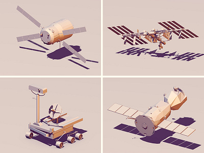 Space Stuff 3d ao c4d cinema 4d low poly lowpoly machine orbit render rover satellite soyuz space wheels wings