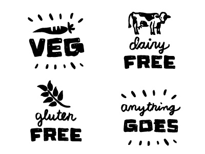 Potluck Foodie Labels animals branding cow dairy free doodles drawing food food allergies foodie gluten free gluten free hand drawn handmade icons illustration ink lettering line art pen and ink plant based plant based sketch sketchy typography vegan vegan brand vegan design vegan foodie vegetables vegetarian