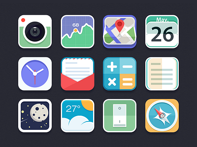 Flat Icon calculator calender camera chiou clock colorful compass email flat gallery icon maps note setting stock ui weather