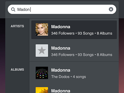 Grooveshark Search Results artists flat music results search songs tracks ui