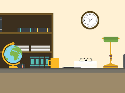 Study illustration 2d agency bespoke books clean clock colour detail door glasses globe illustration lamp mug pen specs study time vector world