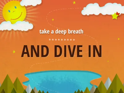 Dive in clouds illustration lake sun trees typography