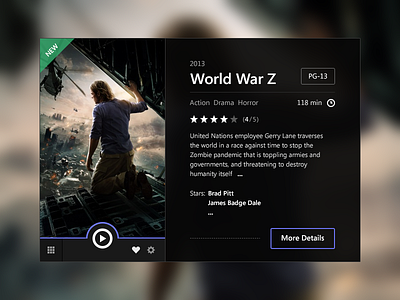 Movie Widget black blur brad pitt button dark dashboard design details film image movie stars trailer ui web widget