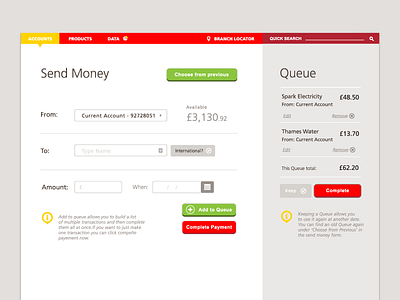 Santander Queue Concept bank fields flat form grey red