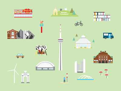 Toronto Landmarks allan gardens beck cab cab cherry beach city hall cn tower exhibition place food truck honest eds illustration kensington market mount pleasant ocad rogers centre rom skydome st lawrence market toronto ttc vector