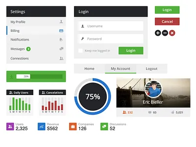 Flat UI Kit button circle clean diagram flat graph icon interface light like loading loading bar login menu metrics metro navigation pie player profile progress bar revenue ui white