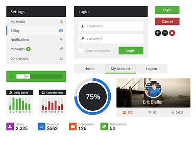 Flat UI Kit button circle clean diagram flat graph icon interface light like loading loading bar login menu metrics metro navigation pie player profile progress bar revenue ui white