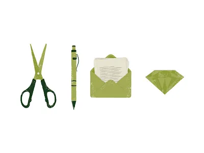 Driftwood Illustrations braizen diamond distressed envelop illustrations jamaica jewel pen pencil scissors writing tool