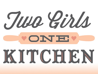 Two Girls One Kitchen bake chef display eat eating food girls gray grey heart icon industry kitchen logo open pastel script slab serif type typography