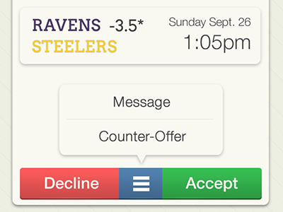 Incoming Offer Card accept app bet betting blue buttons cards date decline green grey ios iphone message nfl red sports sportsbook time ui white