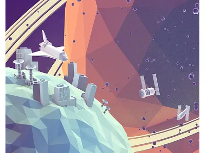 Space [Early Test v.2] architecture asteroids buildings c4d cinema 4d low poly lowpoly model orbit planet render rings rocks satellite shuttle space