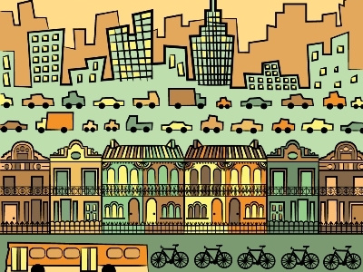 City day abstract bicycle bus cartoon city comic day graphic illustration illustrator pattern skyline sydney terrace vector