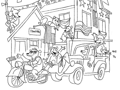 4th of July Sketch banner bears buildings cartoon cartooning flag illustration motorcycle parade sketch truck