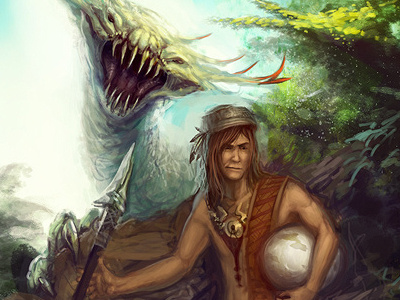 Hunter Or Hunted beast bettina demon dragon egg forest green guy horns human hunt hunter illustration male monster ott ottbettina photoshop reptile spear steal sun thief