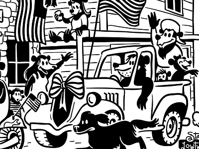 Parade of Bears banner bears buildings cartoon cartooning flag illustration motorcycle parade sketch truck