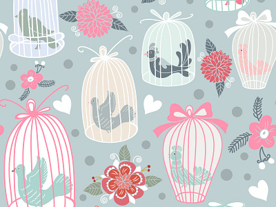 Seamless pattern "Bird Cages" cartoon flat graphic marushabelle summer vector