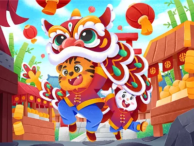 The Joy of Lunar New Year background illustration cartoon children illustration childrenbooks illustration childrens book illustration childrens illustration chinesefestivals chinesenewyear2025 dragondance happychinesenewyear illustration imlek imlek illustration liondance lunarnewyear lunarnewyear2025 mascot illustration redlanterns